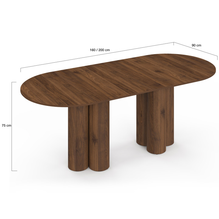 ELOISE uitschuifbare ovale eettafel 6-10 personen 2 cilindrische notenhouten poten 160-200 cm
