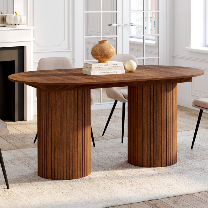 Tavolo da pranzo ovale allungabile JULIETTE 6-10 persone gambe cilindriche doghe in legno colore noce 160-200 cm