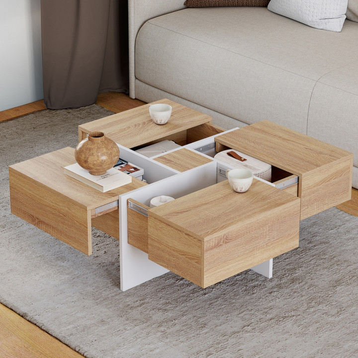 Tavolino quadrato TALIA 70 cm con cassetti in legno e bianco