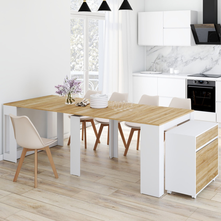 Tavolo buffet allungabile ORLANDO, 10 persone, 235 cm, legno bianco e impiallacciato faggio