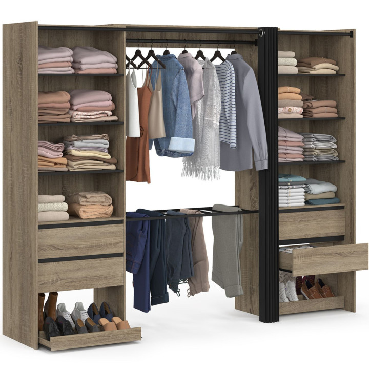 Dressing double XXL MERYL 220 cm avec porte pantalons + étagères + tiroirs + rangements à chaussures hêtre et noir