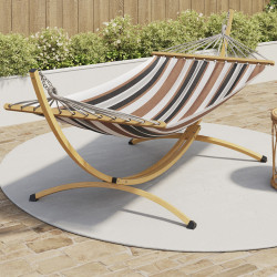 Amaca XL con struttura in metallo effetto legno e tessuto a righe nero, bianco e color cioccolato