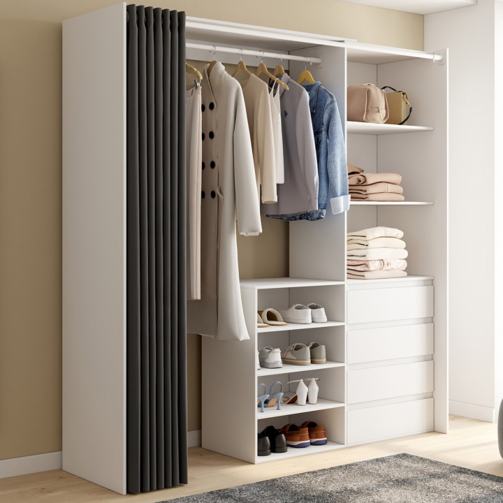 XXL MARTY 120/170 x 50 x 180 cm armario blanco extraíble con 4 cajones + estantes + espacio para colgar + cortina gris