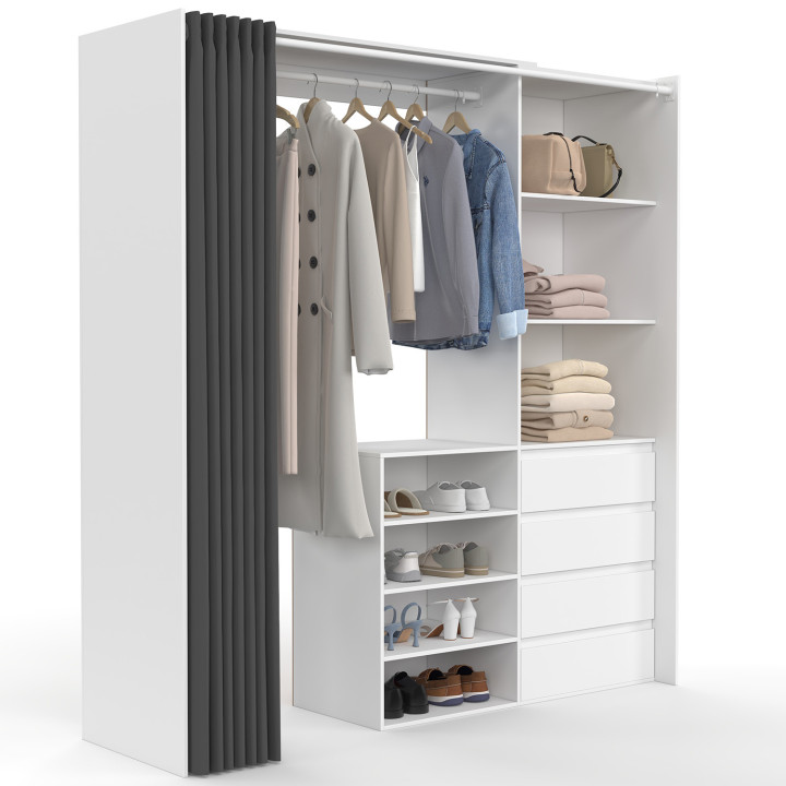 XXL MARTY 120/170 x 50 x 180 cm armario blanco extraíble con 4 cajones + estantes + espacio para colgar + cortina gris
