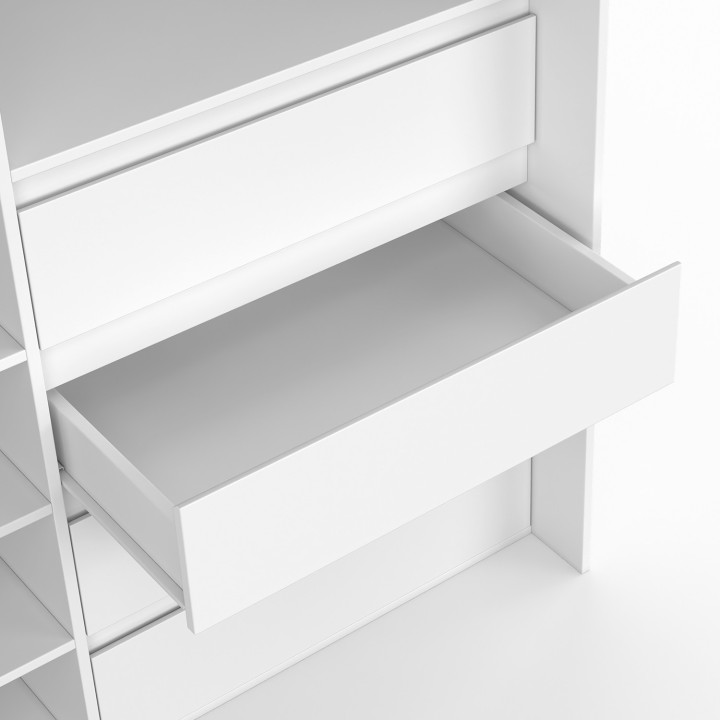 Ausziehbarer Kleiderschrank XXL MARTY 120/170 x 50 x 180 cm weiß mit 4 Schubladen + Regalen + Garderobe + grauem Vorhang