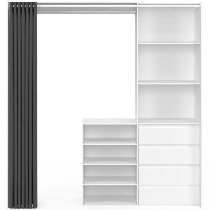 Dressing extensible XXL MARTY 120/170 x 50 x 180 cm blanc avec 4 tiroirs + étagères + penderie + rideau gris