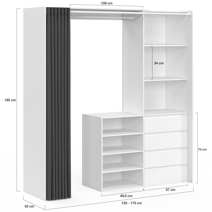 XXL MARTY 120/170 x 50 x 180 cm armario blanco extraíble con 4 cajones + estantes + espacio para colgar + cortina gris