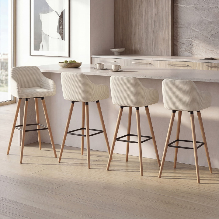 Set di 4 sgabelli da bar JANY girevoli con braccioli in velluto a coste beige e gambe in legno