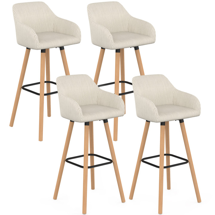 Lot de 4 tabourets de bar pivotants JANY avec accoudoirs en velours côtelé beige et pieds bois