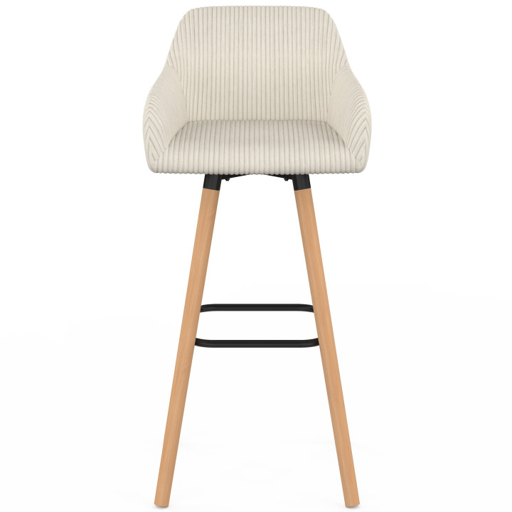 Set di 4 sgabelli da bar JANY girevoli con braccioli in velluto a coste beige e gambe in legno