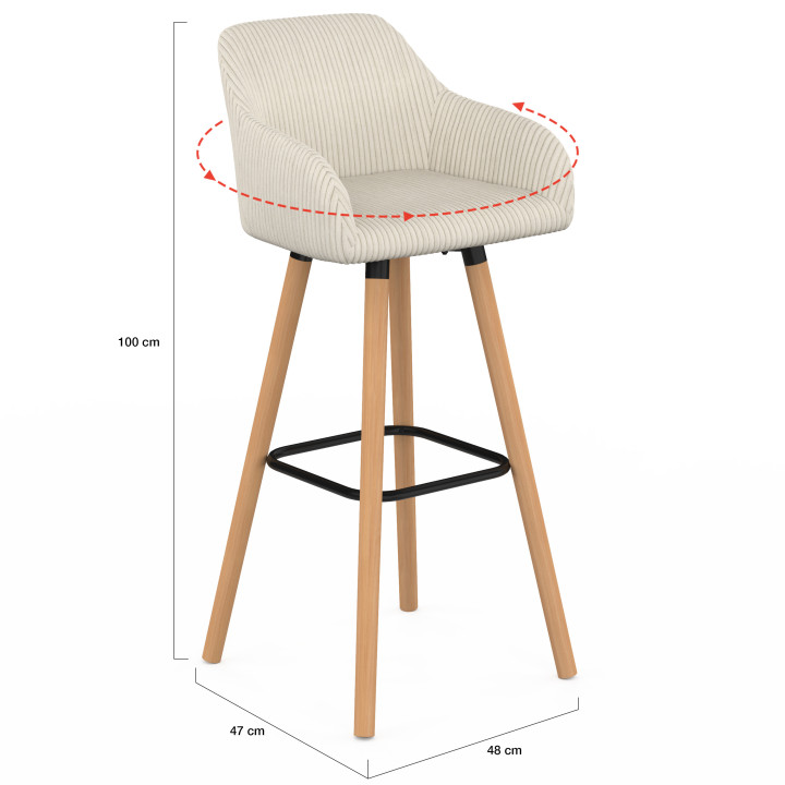 Set di 4 sgabelli da bar JANY girevoli con braccioli in velluto a coste beige e gambe in legno