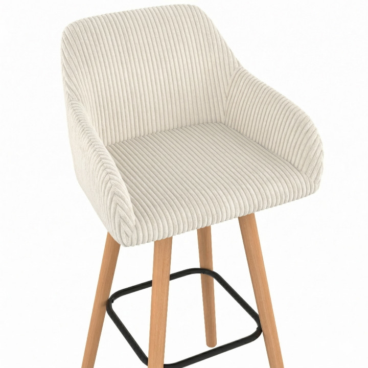 Set di 4 sgabelli da bar JANY girevoli con braccioli in velluto a coste beige e gambe in legno