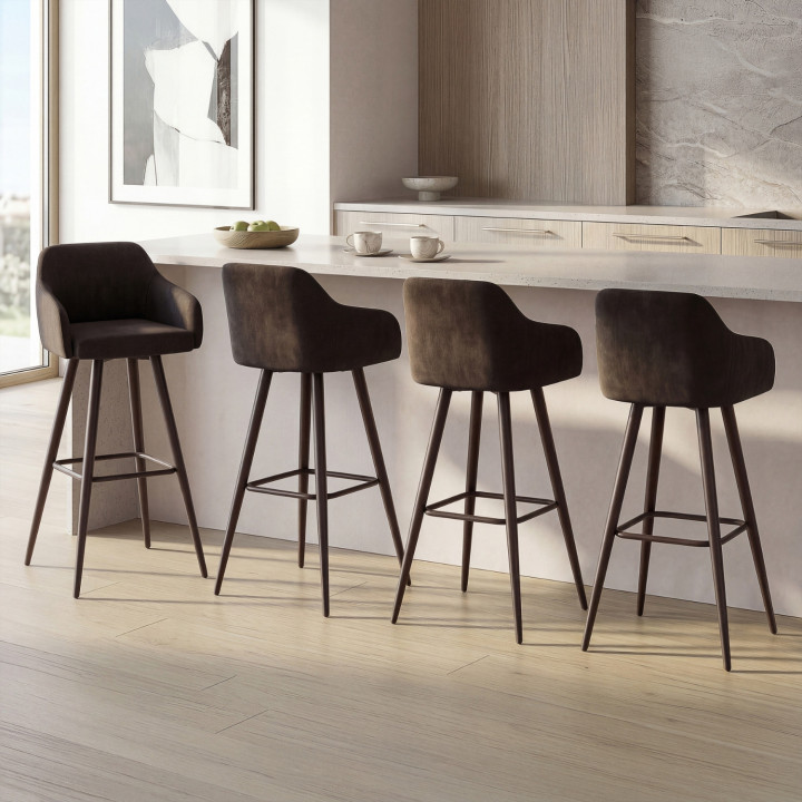 Set di 4 sgabelli da bar JANY girevoli con braccioli in velluto nero e gambe in legno nero