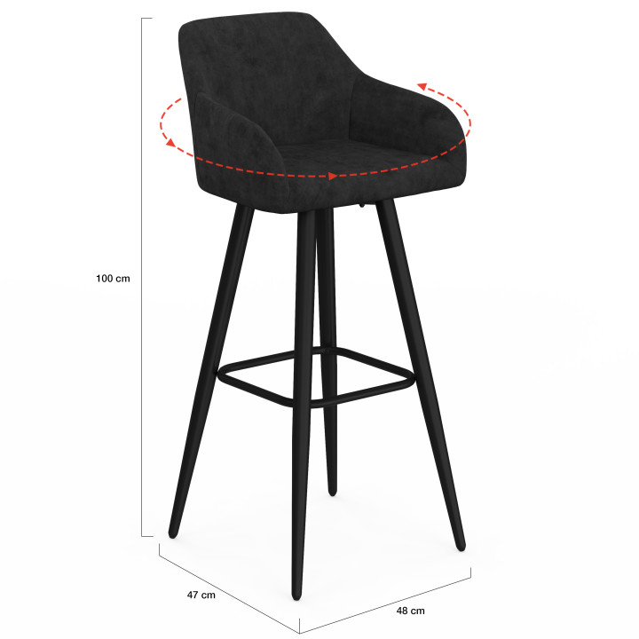 Set di 4 sgabelli da bar JANY girevoli con braccioli in velluto nero e gambe in legno nero
