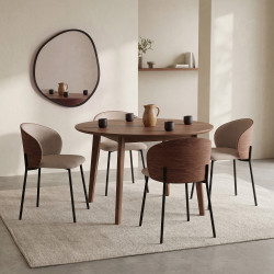 Lot de 4 chaises PENNY en tissu taupe et dossier effet noyer clair pour salle à manger
