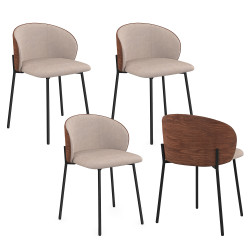 Lot de 4 chaises PENNY en tissu taupe et dossier effet noyer clair pour salle à manger