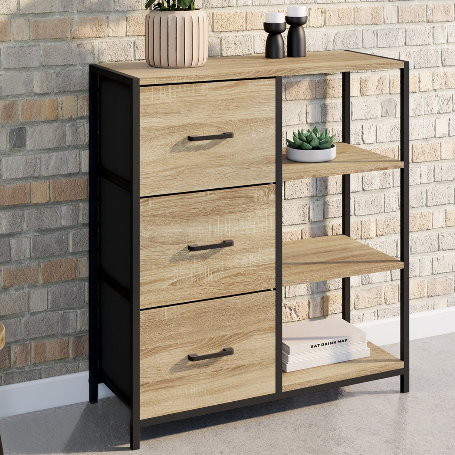Petit buffet d’appoint industriel 3 tiroirs et étagères