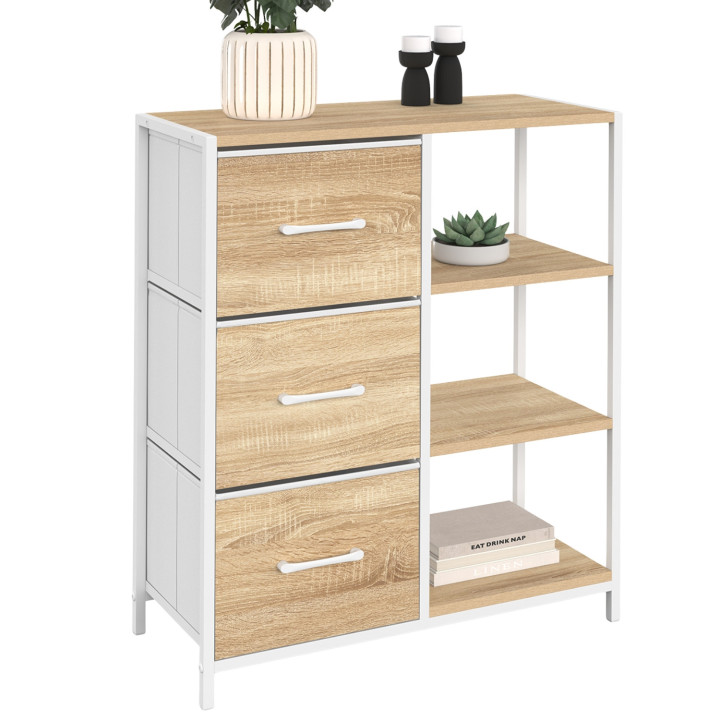 UTAH Credenza a 3 cassetti con ripiani, 70 cm, design industriale in legno e bianco