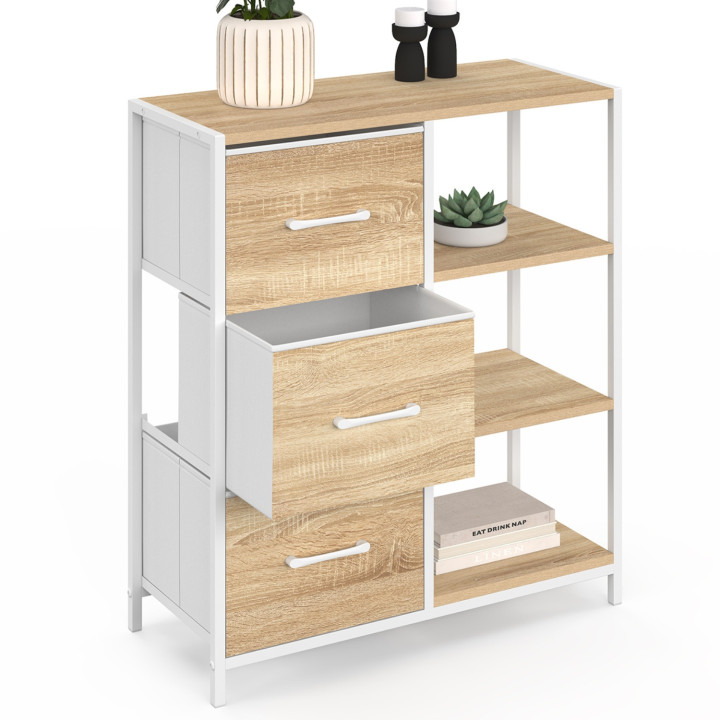 UTAH Credenza a 3 cassetti con ripiani, 70 cm, design industriale in legno e bianco
