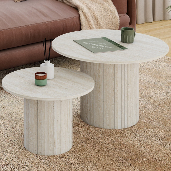Set di 2 tavolini tondi JULIETTE 50/70 con effetto doghe in travertino