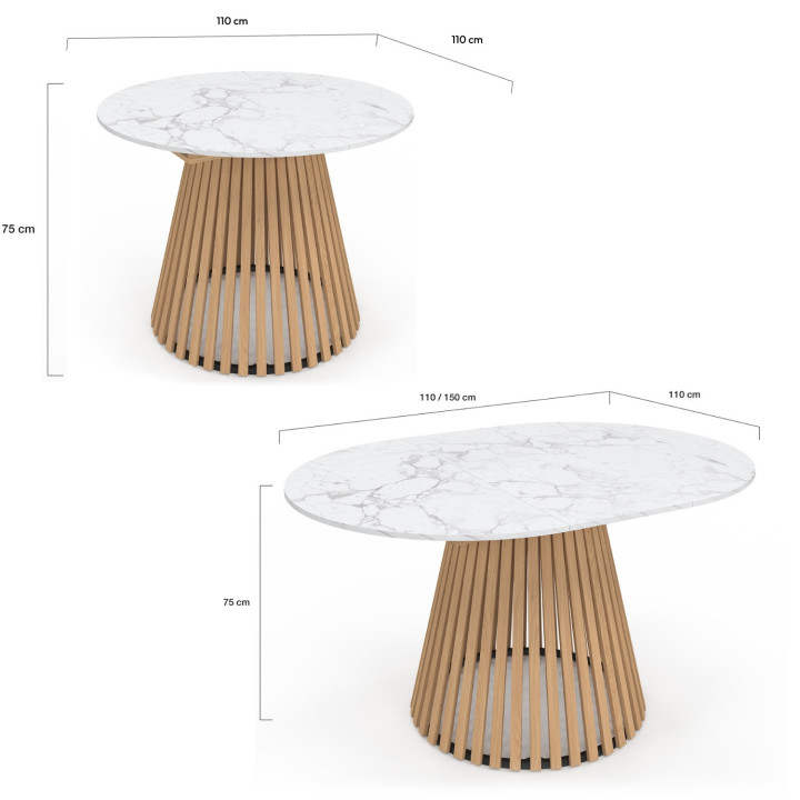 Tavolo da pranzo rotondo allungabile CARMEN per 4-8 persone con gambe a doghe in legno e piano in marmo bianco ALASKA 110 - 150