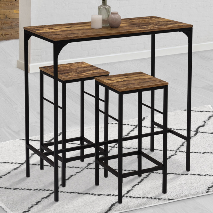 Ensemble table haute de bar DAYTON 100 cm et 4 chaises de bar effet vieilli design industriel