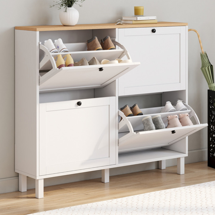 Meuble à chaussures 20 paires ACHILLE 4 portes blanc et plateau bois