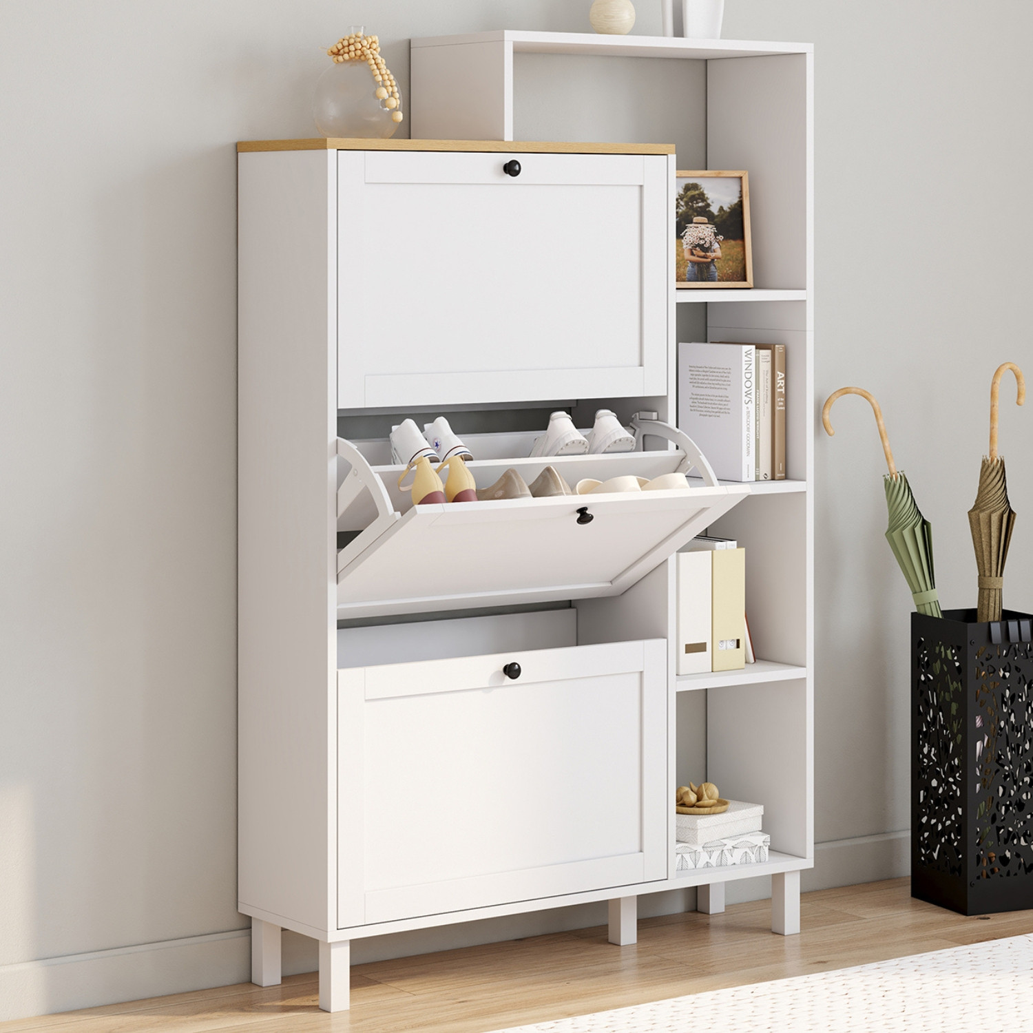 Meuble à chaussures 18 paires ACHILLE 3 portes blanc et plateau bois avec étagère