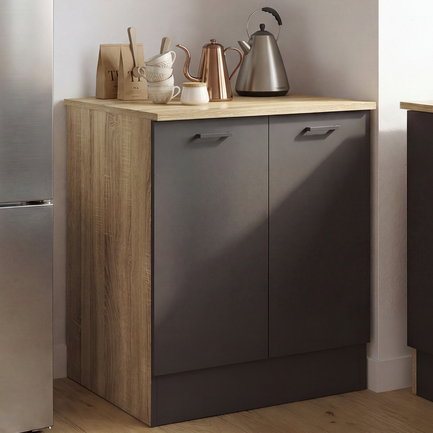Meuble bas de cuisine 80 cm appoint 2 portes bois et noir