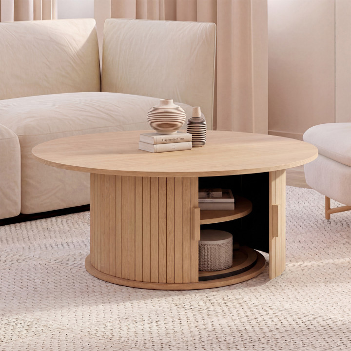 Table basse ronde JULIETTE 100 cm avec rangement lattes tasseau bois coloris chêne