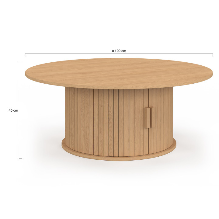 Table basse ronde JULIETTE 100 cm avec rangement lattes tasseau bois coloris chêne