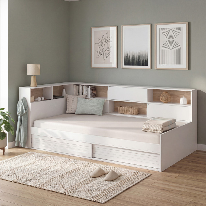 Letto singolo TIMOTHEE con contenitori, testiera con nicchie e rete da 90 x 190 cm, bianco e faggio