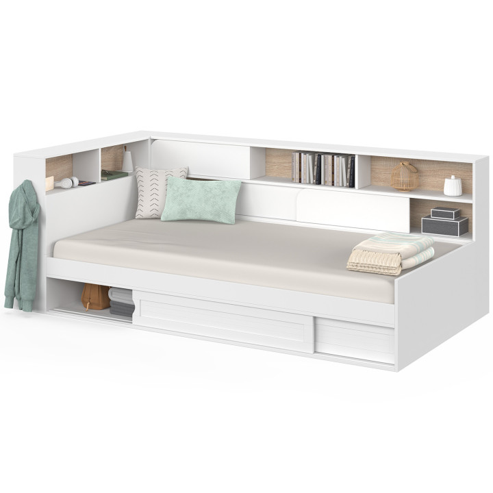 Letto singolo TIMOTHEE con contenitori, testiera con nicchie e rete da 90 x 190 cm, bianco e faggio