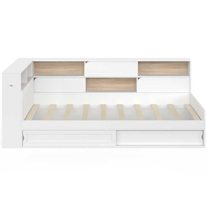 Lit simple TIMOTHEE avec rangements, niches, tête de lit et sommier 90 x 190 cm blanc et hêtre