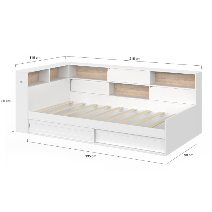 TIMOTHEE eenpersoonsbed met opbergruimte, hoofdeinde met nissen en lattenbodem 90 x 190 cm, wit en beuken