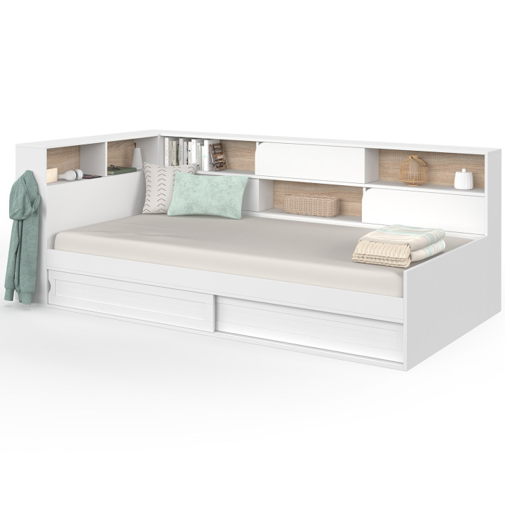 Einzelbett TIMOTHEE mit Stauraum, Kopfteil mit Fächern und Lattenrost 90 x 190 cm, weiß und Buche