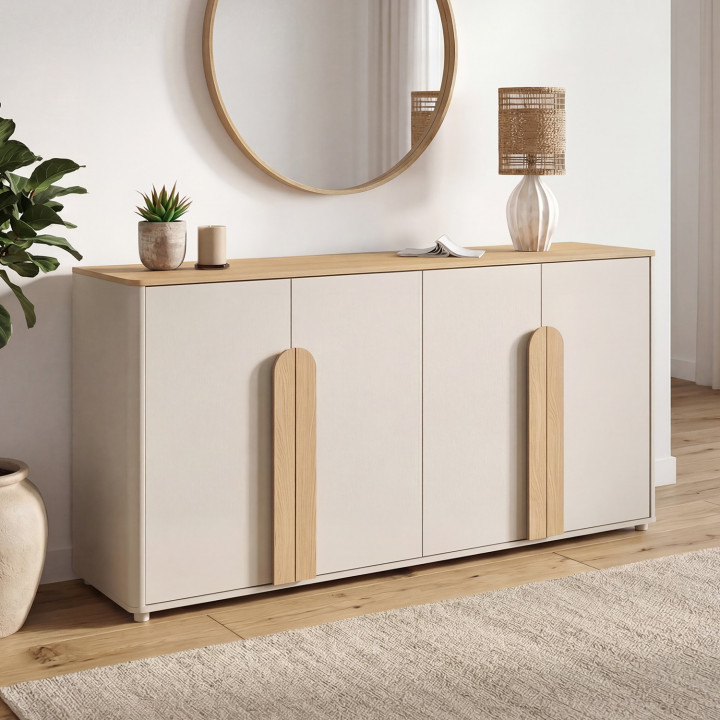 Buffet 160 cm TIRANA 4 portes avec grandes poignées beige et bois clair