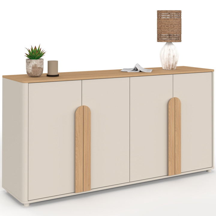 Buffet 160 cm TIRANA 4 portes avec grandes poignées beige et bois clair