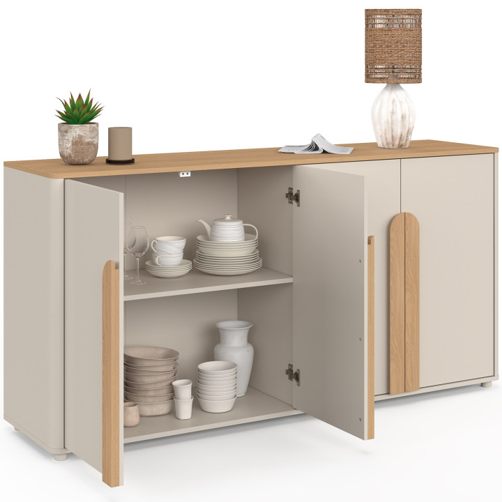 160 cm TIRANA 4-deurs dressoir met grote beige en lichthouten handgrepen