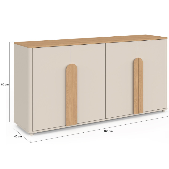 160 cm TIRANA 4-deurs dressoir met grote beige en lichthouten handgrepen