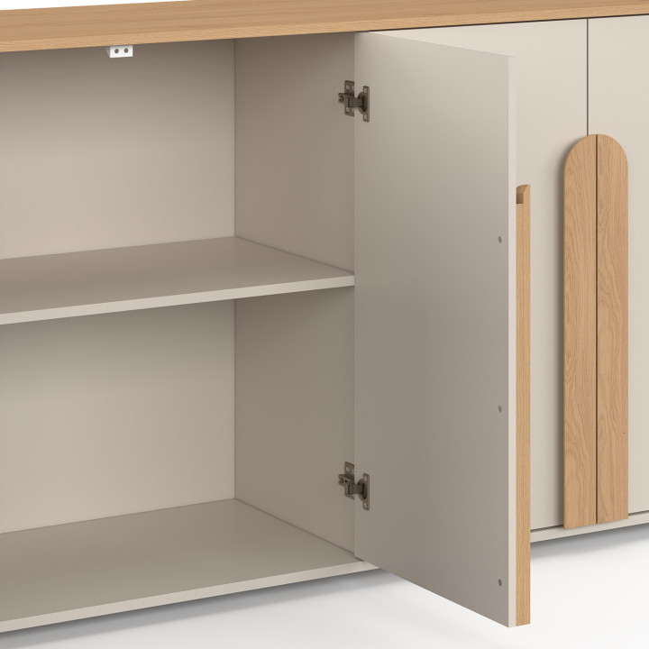 160 cm TIRANA 4-deurs dressoir met grote beige en lichthouten handgrepen