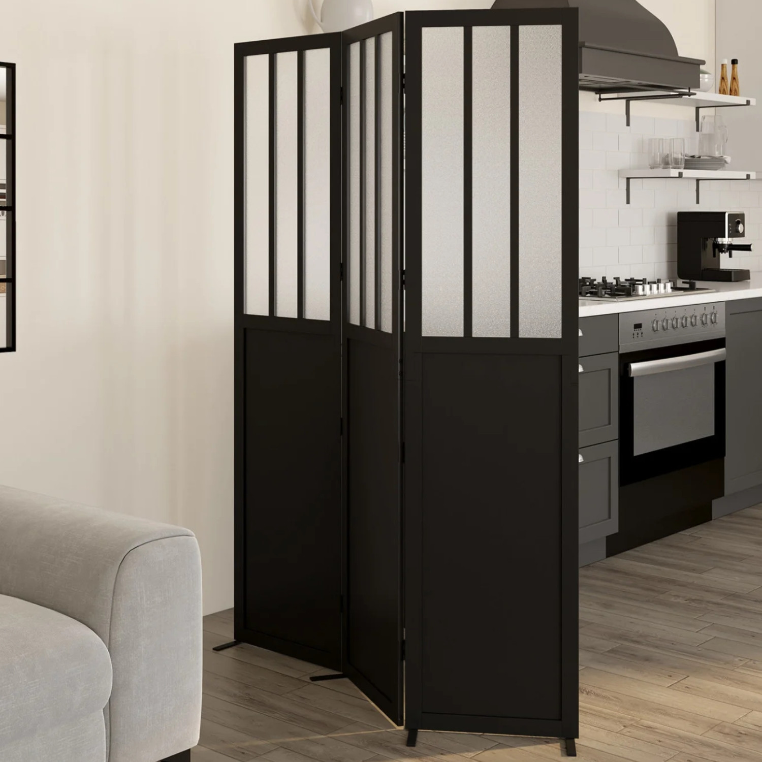 Paravent intérieur verrière atelier noir et vitres opaques