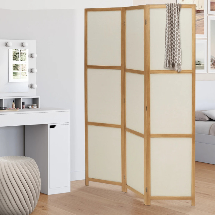Paravento pieghevole per interni in legno e tessuto beige