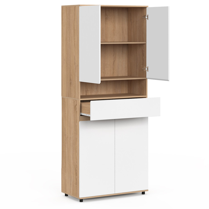 Meuble colonne salle de bain TOMI 4 portes 2 paniers à linge amovibles 1 tiroir façon hêtre et blanc