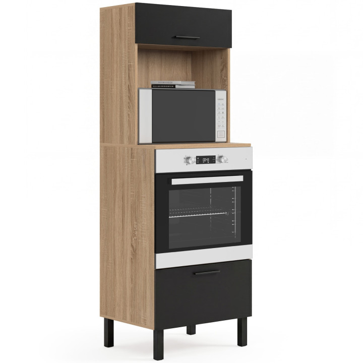 Armario de cocina/microondas CINA de 2 puertas en negro y haya de 60 cm de columna