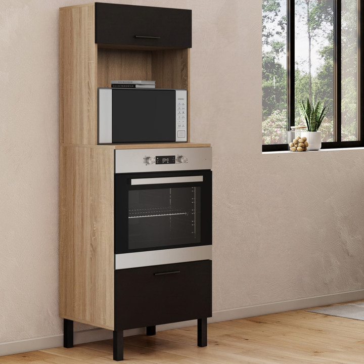 Küchensäulenschrank mit Mikrowelle und Backofen 60 cm CINA 2 Türen schwarz und Buchenholzoptik