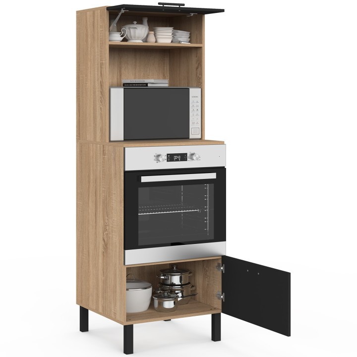 Küchensäulenschrank mit Mikrowelle und Backofen 60 cm CINA 2 Türen schwarz und Buchenholzoptik