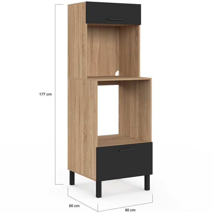 Küchensäulenschrank mit Mikrowelle und Backofen 60 cm CINA 2 Türen schwarz und Buchenholzoptik