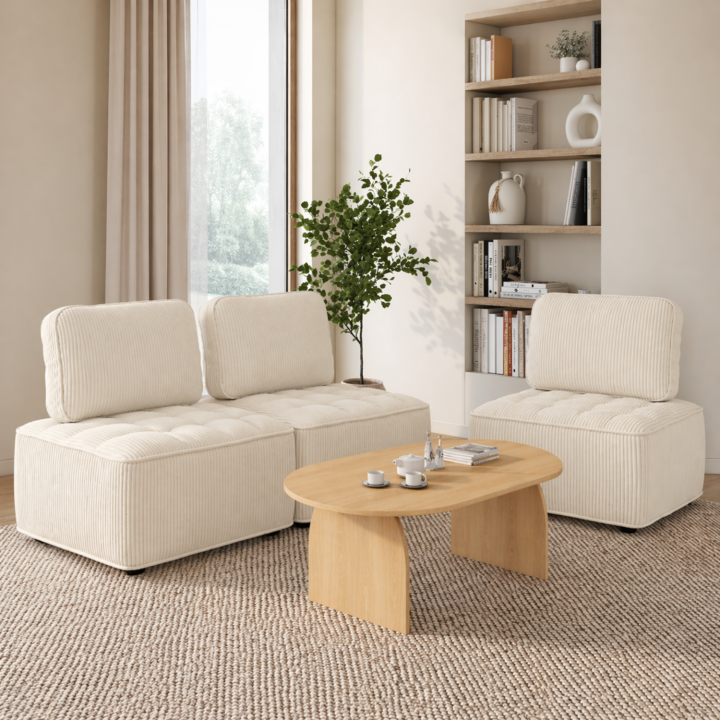 Modulo divano e poltrona in velluto a coste beige