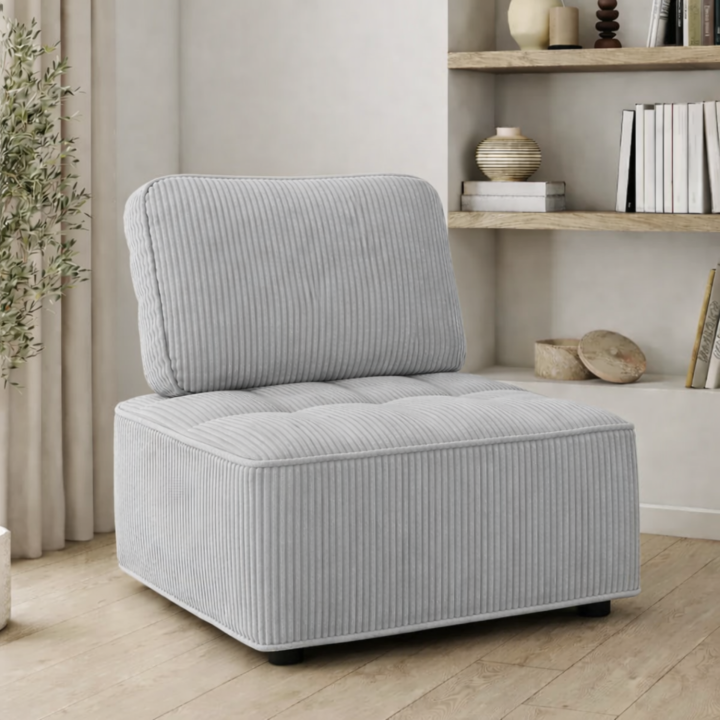 Module de canapé et fauteuil en velours côtelé gris clair